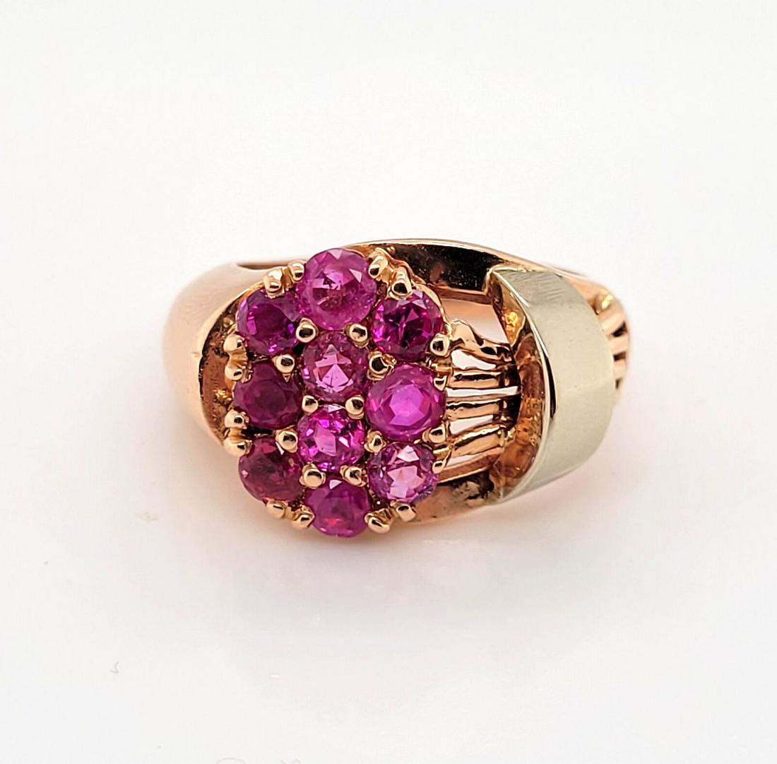 Vintage $1200 14K Rose Two Tone Gold Natural Ruby Retro Ring: Vintage 14K Rose Two Tone Gold Natural Ruby Retro Ring Ring size 6 Ring contains 10 ruby gemstones Rubies measure 3.3mm round each Marked 14K 9.5 grams Inventory # 0922R-30 XNY Reserve: