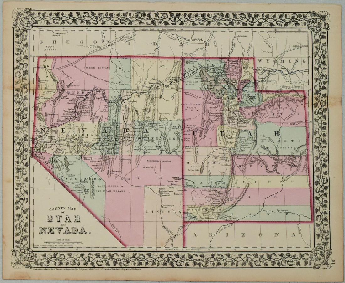 1877 Mitchell Map of Utah and Nevada [verso] Arizona and New Mexico -- County Map of of Utah and (1 of 2)