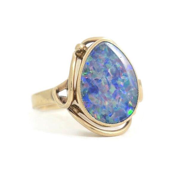 Vintage Blue Doublet Boulder Opal Cocktail Ring 9K Yellow Gold, 4.48 Grams (1 of 6)