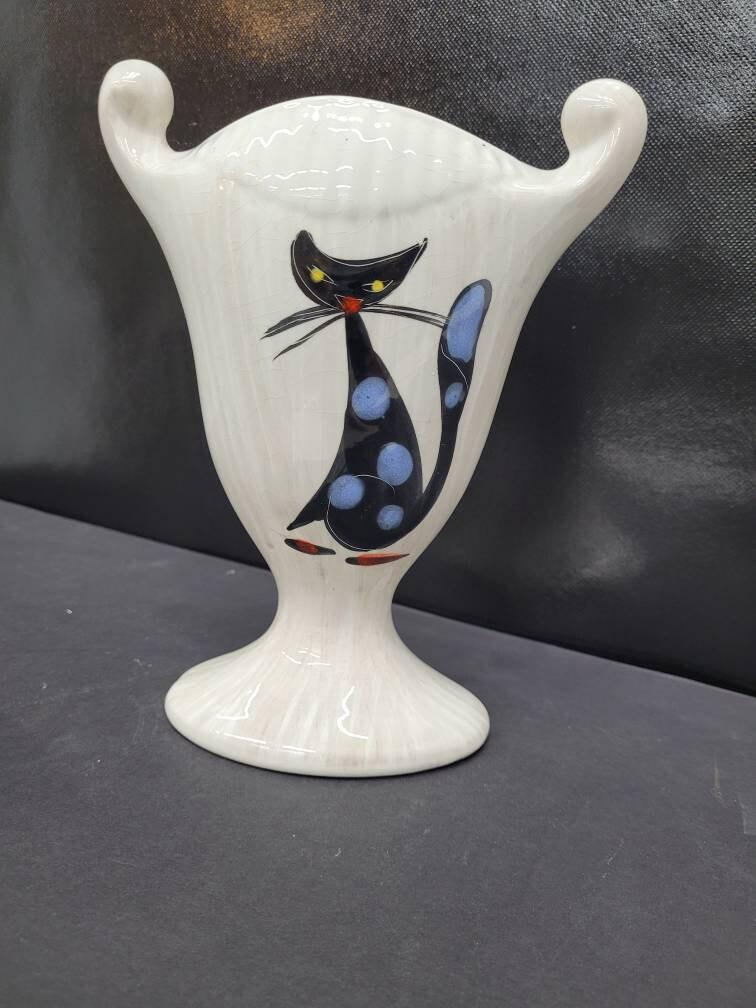 Mid Century Modern Cat Vase Atomic Art Pottery Vase Florentine Originals Made in Italy Black White (1 of 8)