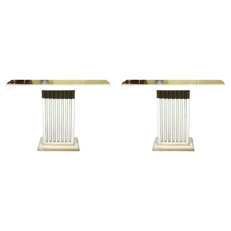 Jansen Eglomise Console Tables White Painted and Parcel Gilt Frieze, Pair: Title: Jansen Eglomise Console Tables White Painted and Parcel Gilt Frieze, Pair Description: A fabulous pair of console tables, circa 1950s, stamped Jansen, the verre eglomise glass atop white painte