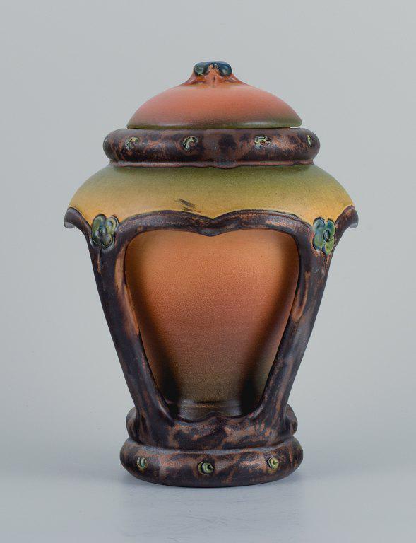 Ipsens, Denmark, beautiful Art Nouveau lid vase with glaze in orange and green tones. (1 of 6)