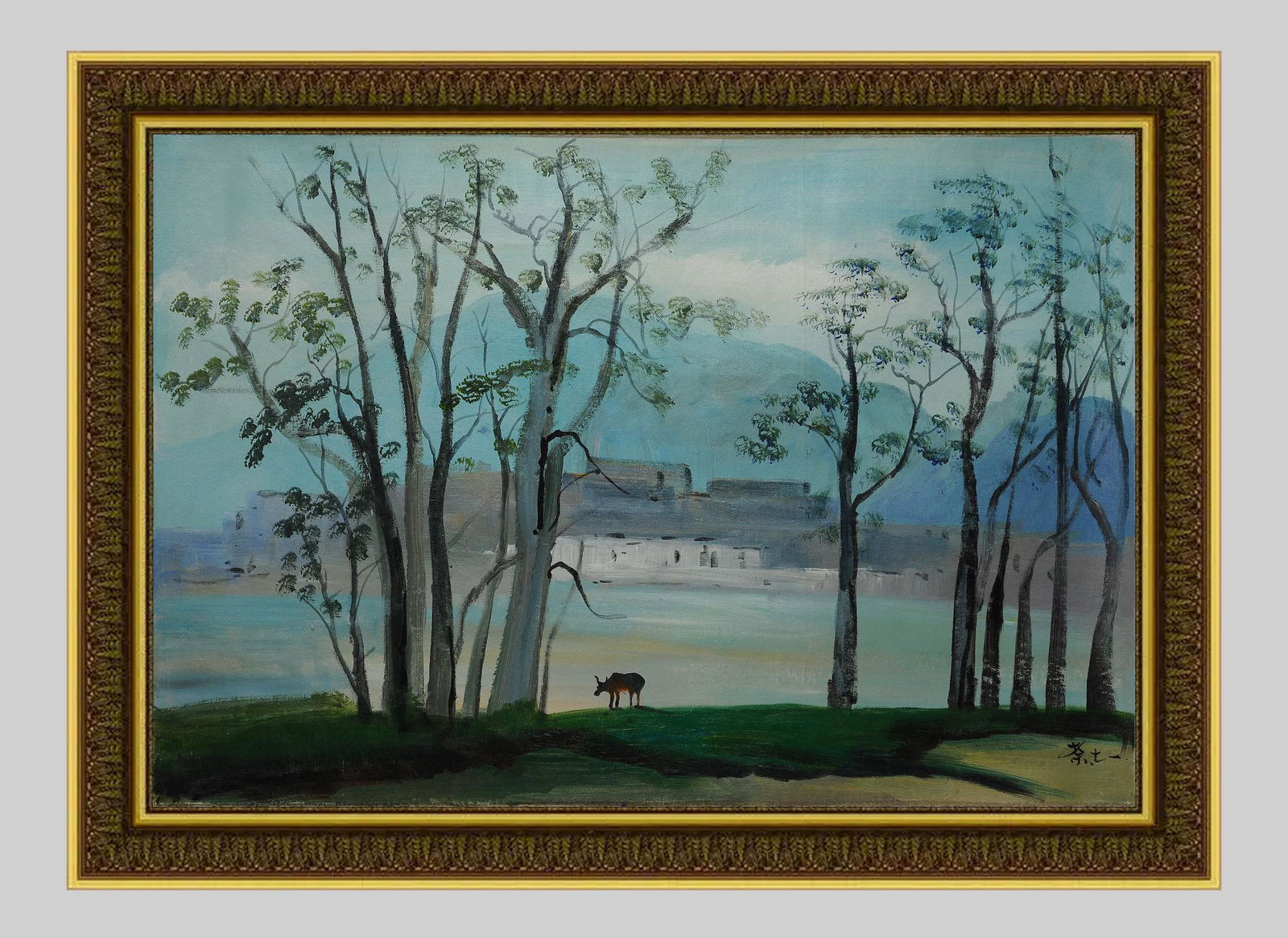 Wu Guanzhong Gold Frame Oil Painting - Woods and Cows (1 of 11)