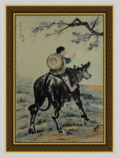 Xu Beihong Gold Frame Oil Painting - Children and Cows: Title: Xu Beihong Gold Frame Oil Painting - Children and Cows Origin: Asian private collection Date/Period: 20th Description: Size: about 87x60cm, exquisite oil painting decorative painting, home deco