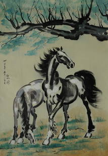 Xu Beihong Gold Frame Oil Painting - A Pair of Horses: Title: Xu Beihong Gold Frame Oil Painting - A Pair of Horses Origin: Asian private collection Date/Period: 20th Description: Size: about 90x60cm, exquisite oil painting decorative painting, home decor