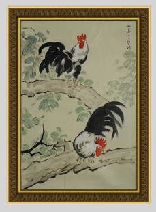 Xu Beihong Gold Frame Oil Painting - A Pair of Roosters: Title: Xu Beihong Gold Frame Oil Painting - A Pair of RoostersOrigin: Asian private collectionDate/Period: 20thDescription: Size: about 88x60cm, exquisite oil painting decorative painting, home