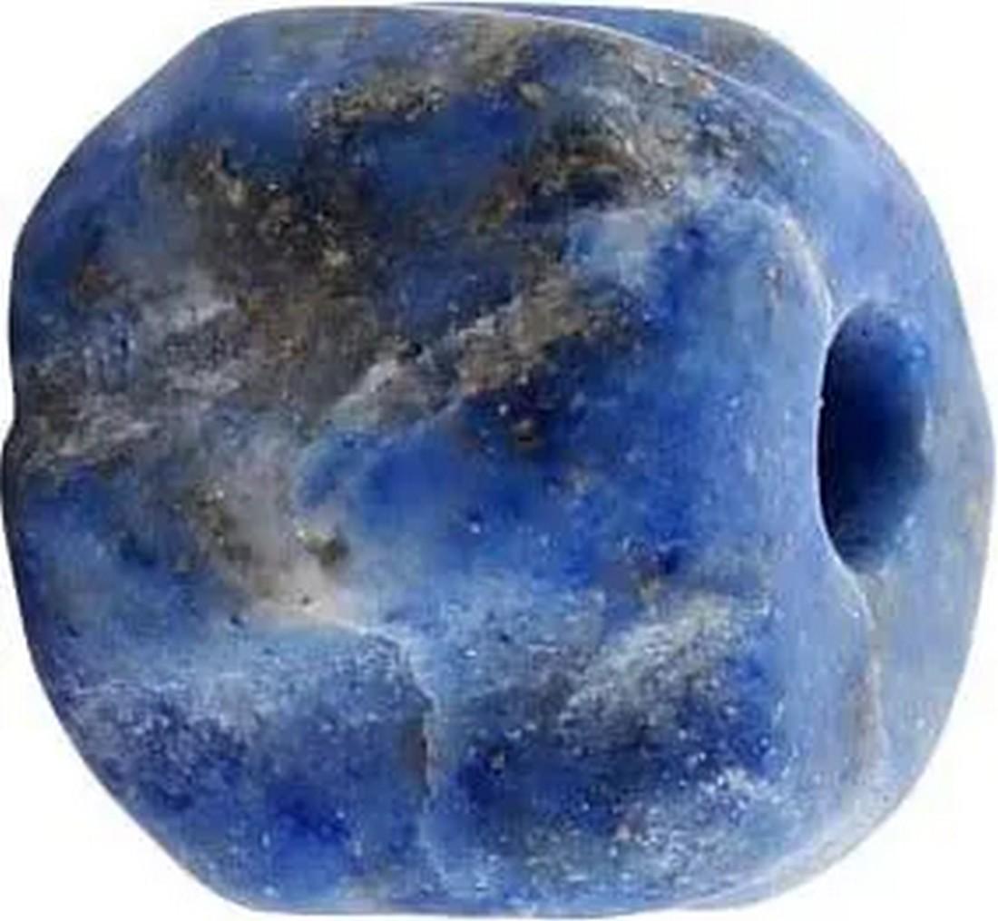 VIKING LAPUS LAZULI BEAD, 850-1000 AD: Polished stone, meticulously worked and polished to a ribbed cylindrical form. 7.1mm diameter (a little over ¼”), 5.8mm length. One of a group of five from a larger necklace. Reserve: $80.0