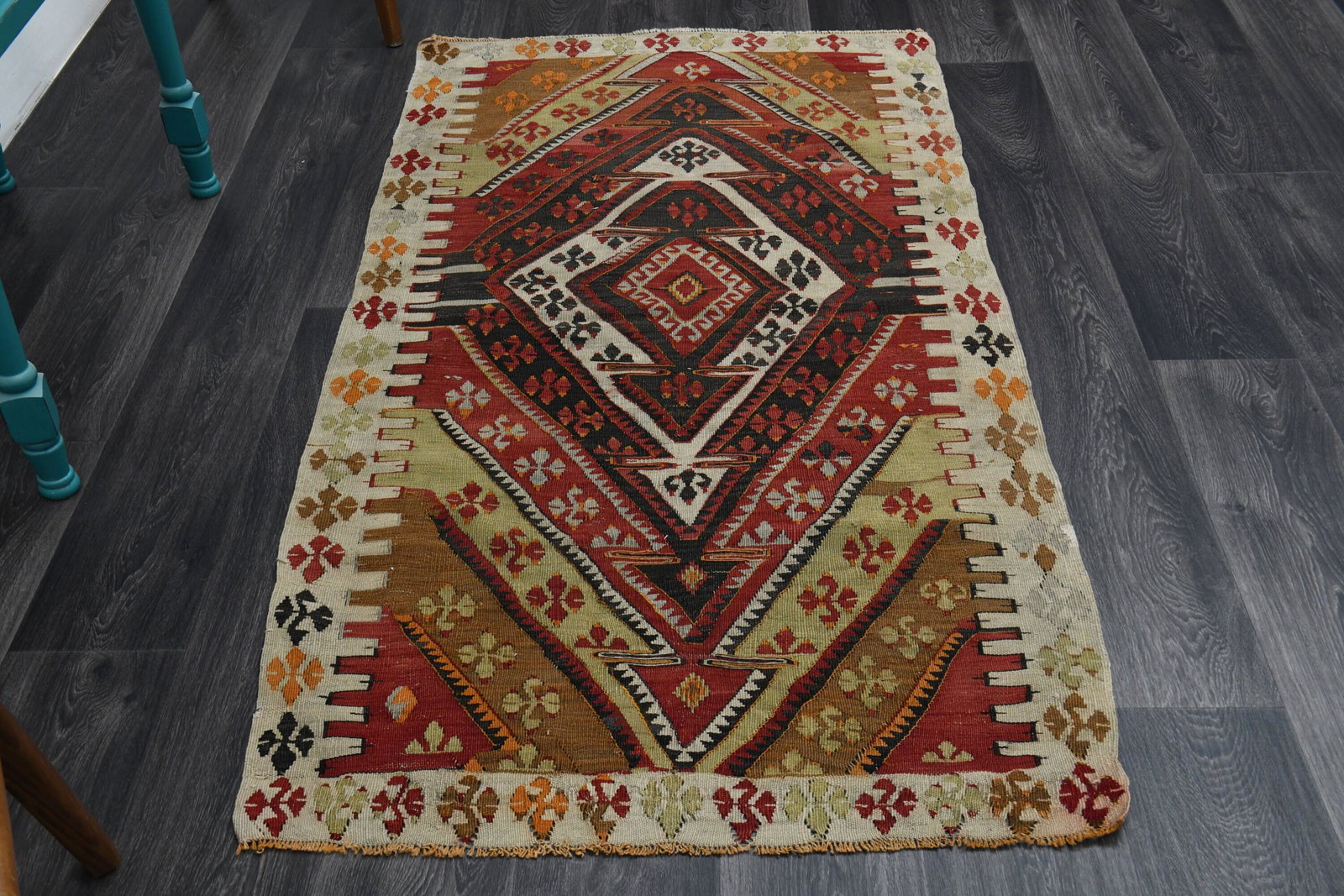 1970s Kilim Oushak Colorful Rug 3.1 ft. X 5.9 ft.: Title: 1970s Kilim Oushak Colorful Rug 3.1 ft. X 5.9 ft. Date/Period: 1960 - 1970 Origin: Turkey Material: Wool and Cotton Size: Width: 3.1 feet Length: 5.9 feet Description: This Turkish one-of-a-kin