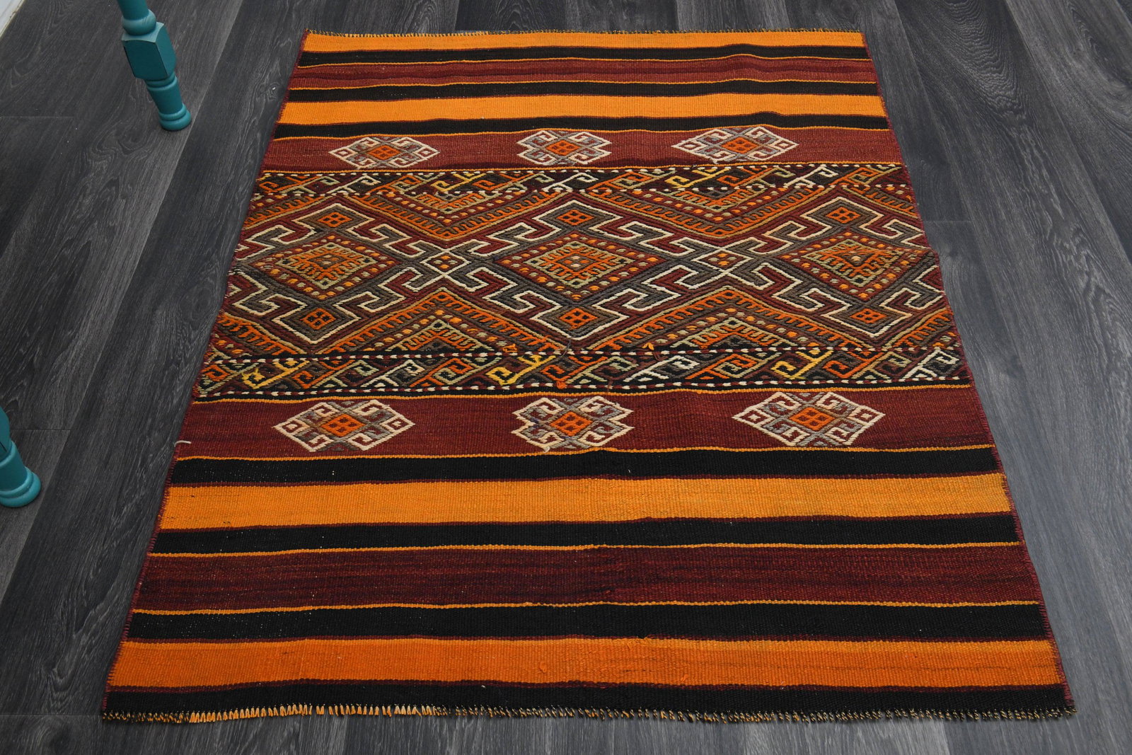 1970s Kilim Oushak Colorful Rug 3.2 ft. X 4 ft.: Title: 1970s Kilim Oushak Colorful Rug 3.2 ft. X 4 ft. Date/Period: 1960 - 1970 Origin: Turkey Material: Wool and Cotton Size: Width: 3.2 feet Length: 4 feet Description: This Turkish one-of-a-kind Vi