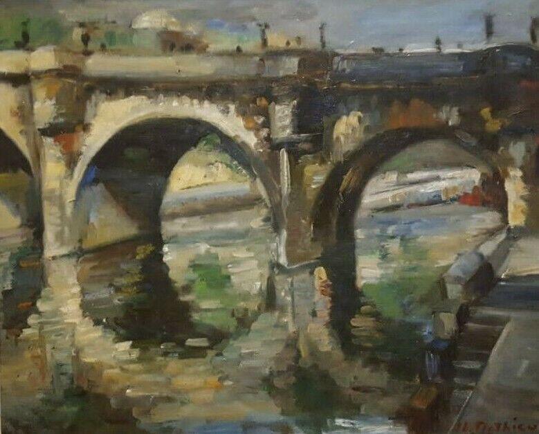 Antique Oil Painting City Landscape, Bridge View Original signed (1 of 5)