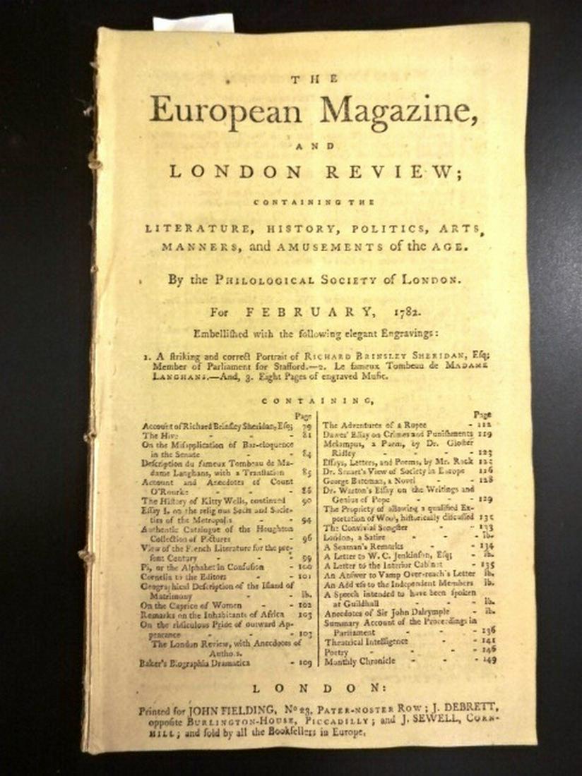 1782 Magazine Revolutionary War Eutaw Springs: The February 1782 issue of "The European Magazine and London Review..", printed at London for John Fielding. 80 pages and one plate, Towards the end an account of the Battle of Eutaw Springs in South 