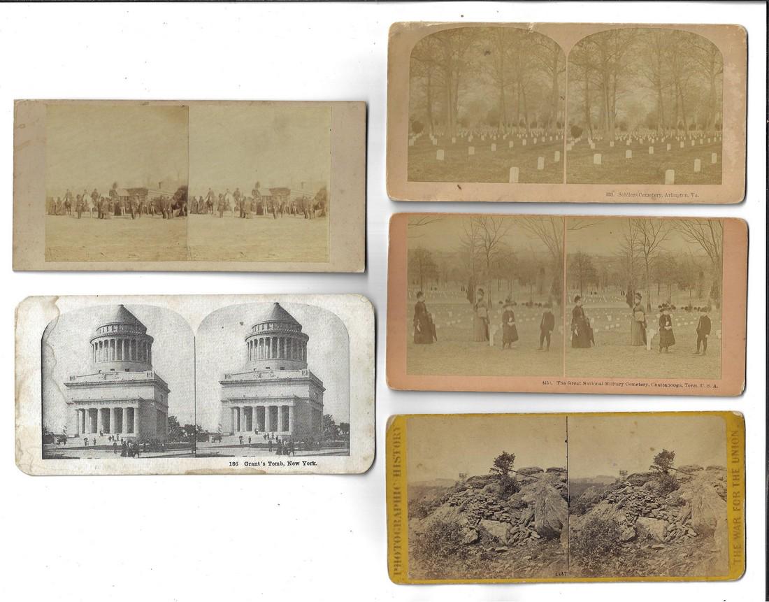 Stereoviews Gettysburg Grants Tomb: A group of five 19th century steroviews of military interest including of Gettysburg battlefield by Anthony and Co. based on Brady negative, and four others including National Cemeteries at Chattanoog