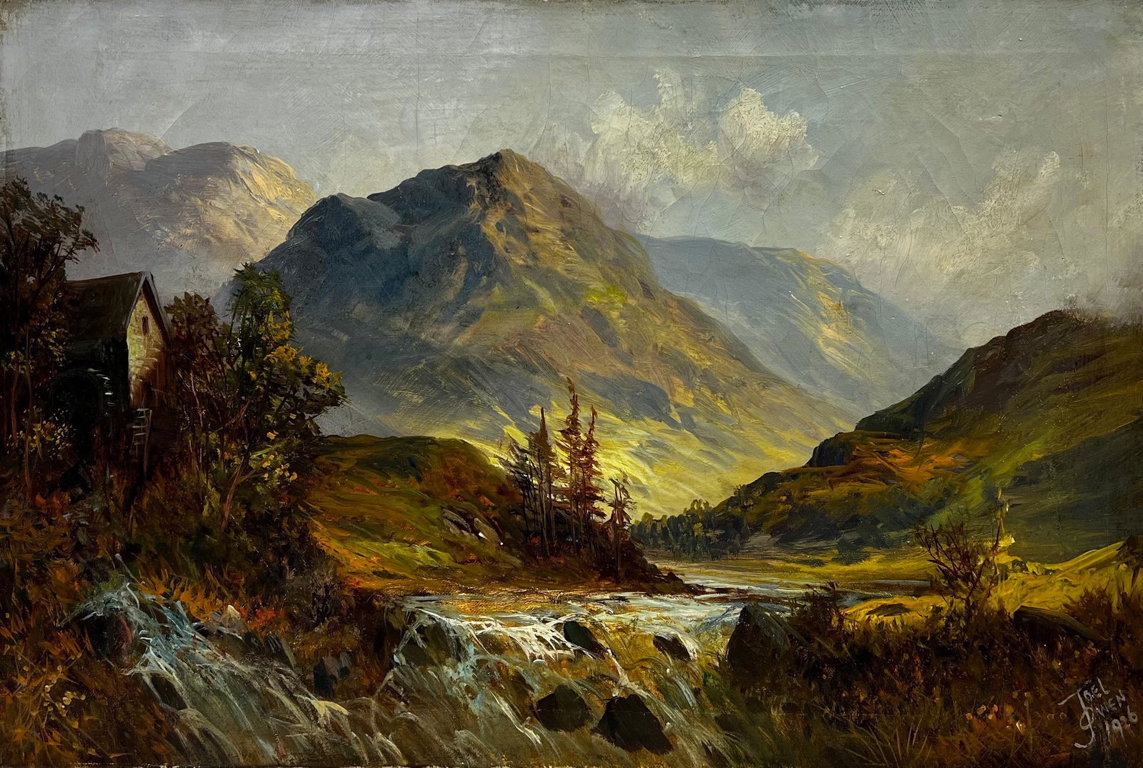 Antique Scottish Highlands Landscape Signed Oil Painting River through Glen c. 1920''s: Artist/ School: by Francis E. Jamieson, British 1895-1950 signed with the artists pseudonym ''Joel Owen'', dated 1926. Title: The Highland Glen Medium: oil on canvas, unframed Canvas : 16 x 24 inches