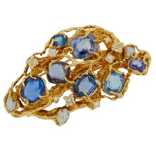 Arthur King Pearl Sapphire Diamond Yellow Gold Brooch Pin circa 1960s: Title: Arthur King Pearl Sapphire Diamond Yellow Gold Brooch Pin circa 1960sDescription: Whimsical detailed brooch created by Arthur King in the 1960's. He was known for using lost wax casting