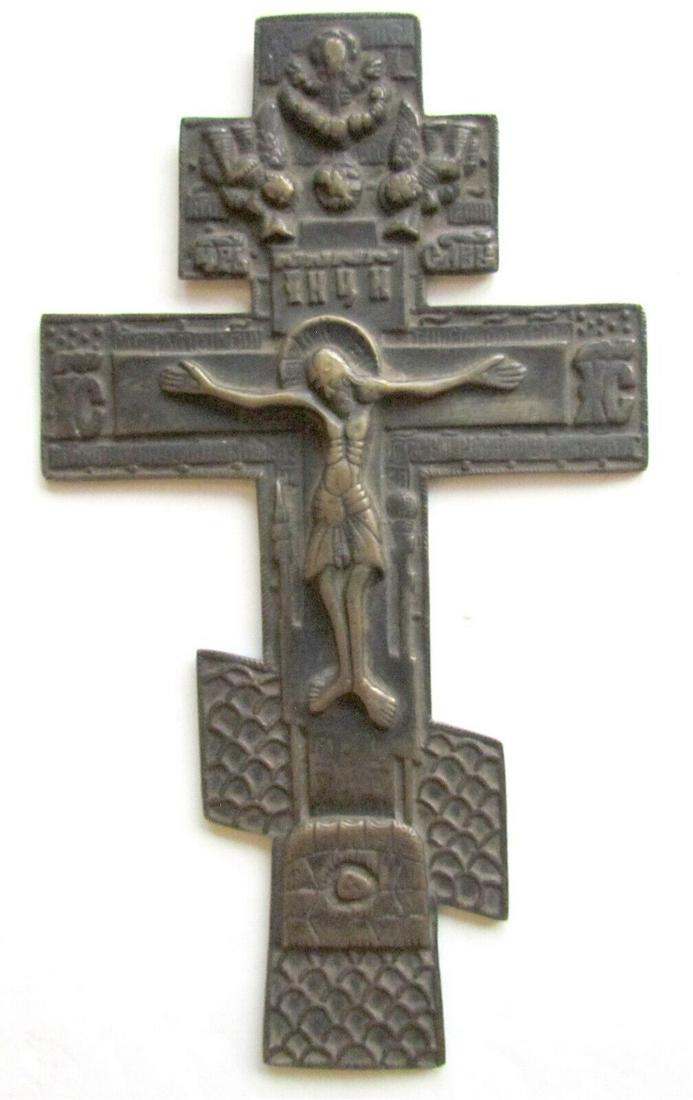 RUSSIAN ORTHODOX WALL BRONZE ICON CROSS antique 19th CENTURY (1 of 3)