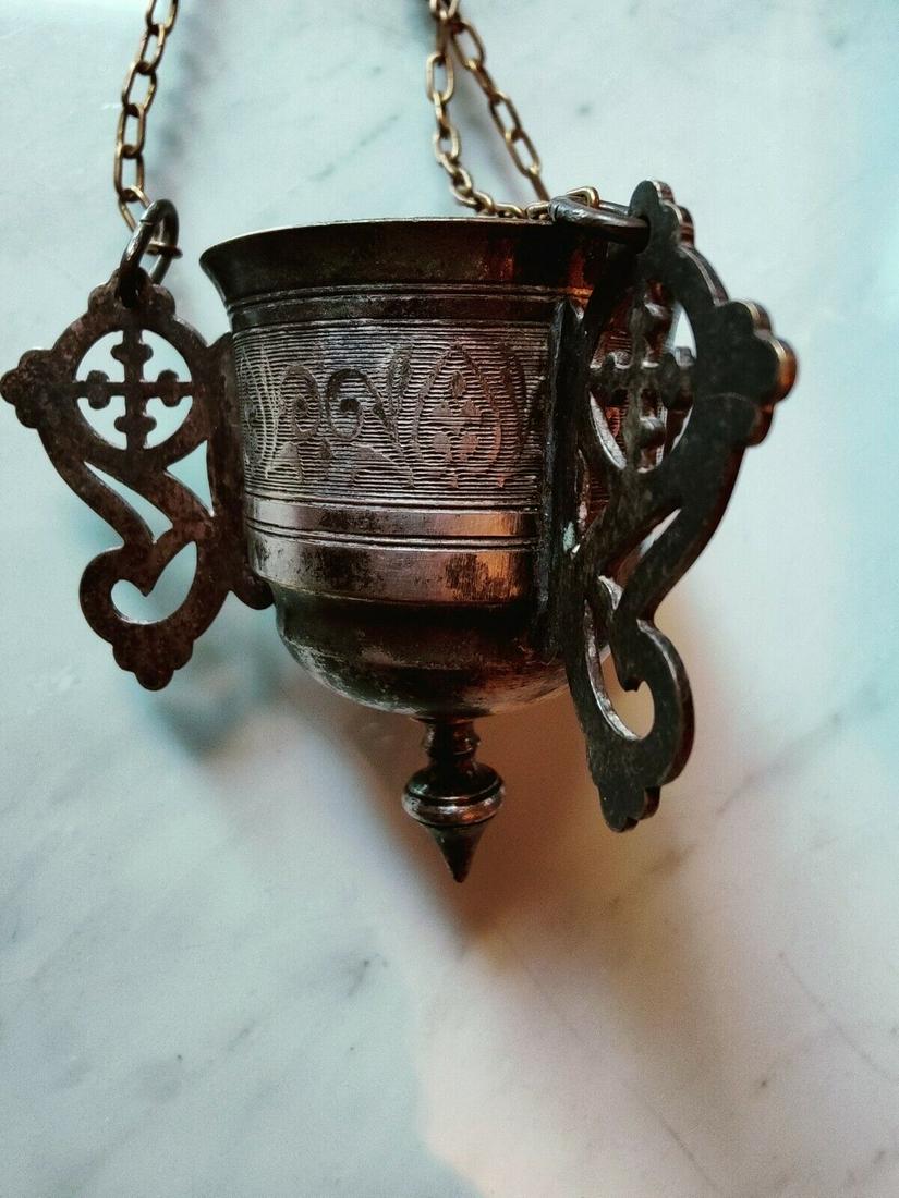 ANTIQUE 19c POLISH SILVERED LAMPADA (CHURCH LAMP) & CHAIN HALLMARKED (1 of 4)