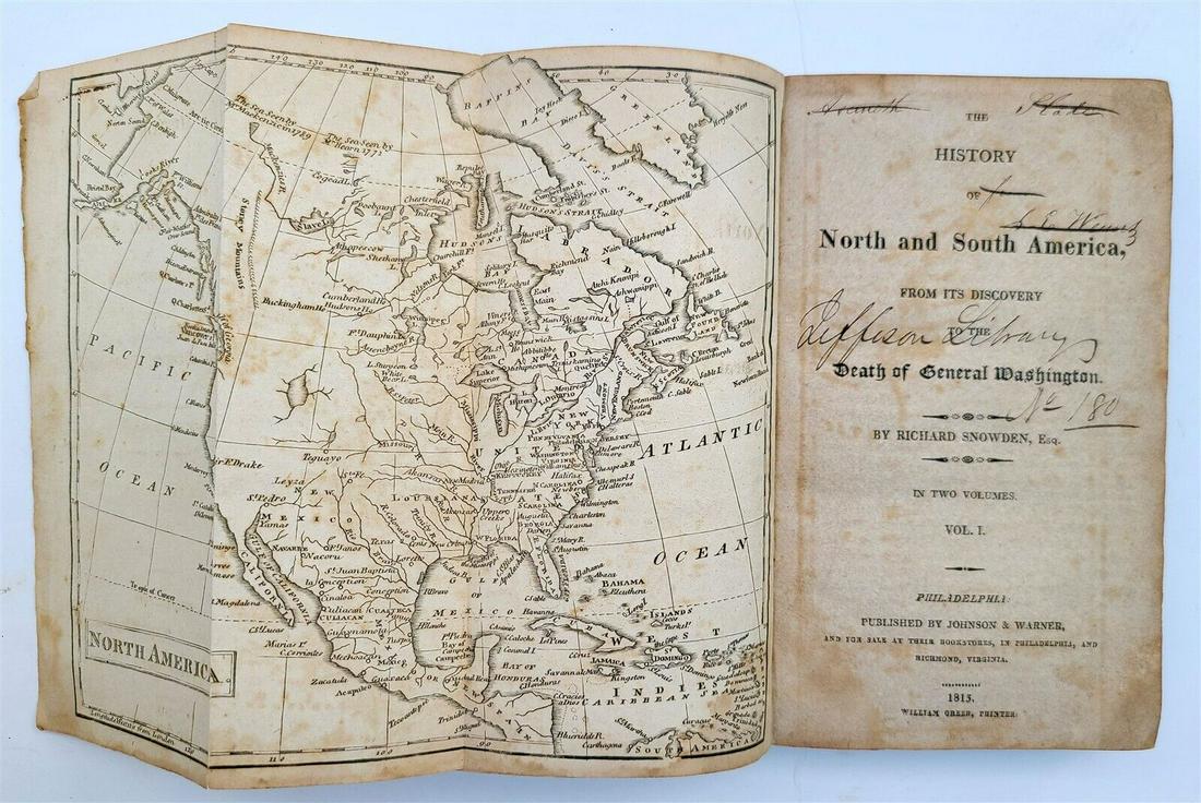 1815 HISTORY of NORTH & SOUTH AMERICA antique w/ MAPS by Richard Snowden: HISTORY of NORTH & SOUTH AMERICA by Richard Snowden 2 volumes in one Illustrated with 2 maps Size 4.5 by 7" Original leather, worn, damaged spine, front cover detached, foxing. Text in English Reserve