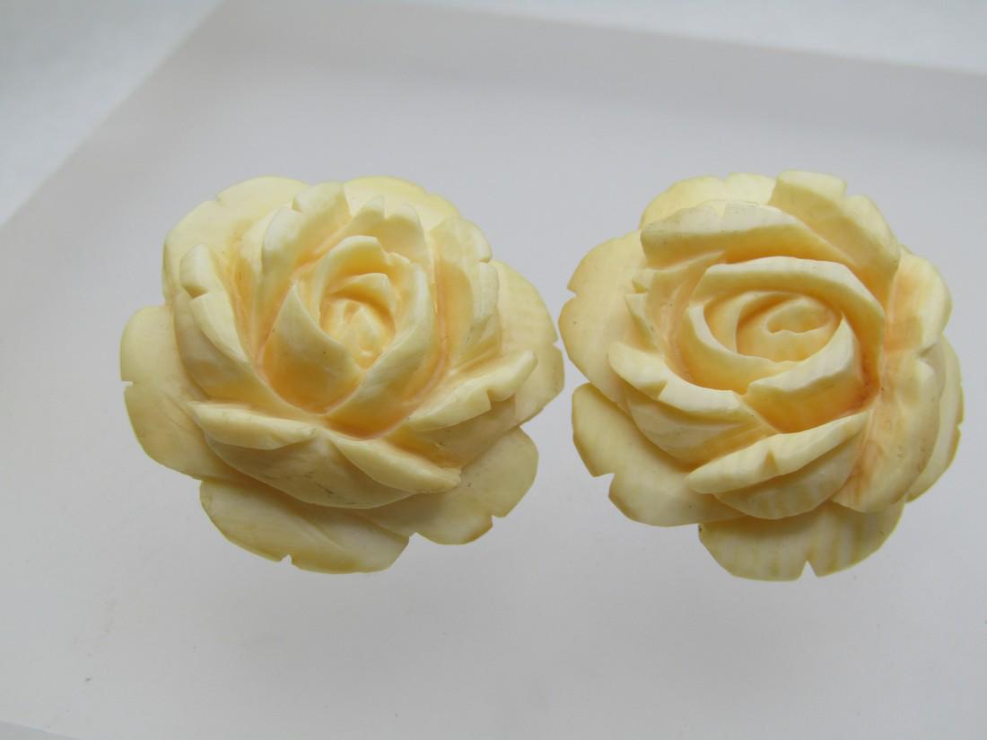 Vintage Carved Rose Screwback Earrings, 1950's-1960's: Vintage Carved Rose Screwback Earrings, 1950's-1960's. Carved rose blosswom and slightly over 1" wide. They are marked A. Silver on the screw - they do test as some silver contact. I do not believe th