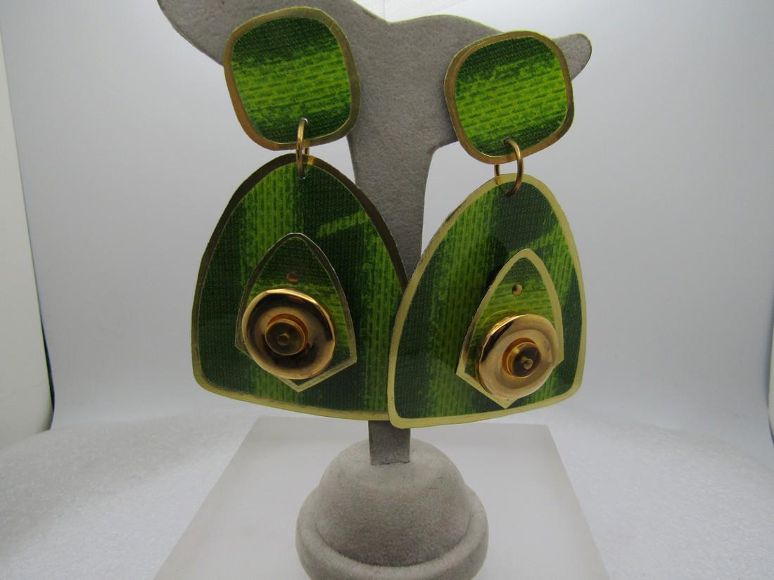 Vintage Huge Statement Earrings,  1980's-1990's, Green, Clip, Artisan/Hand-made. (1 of 5)