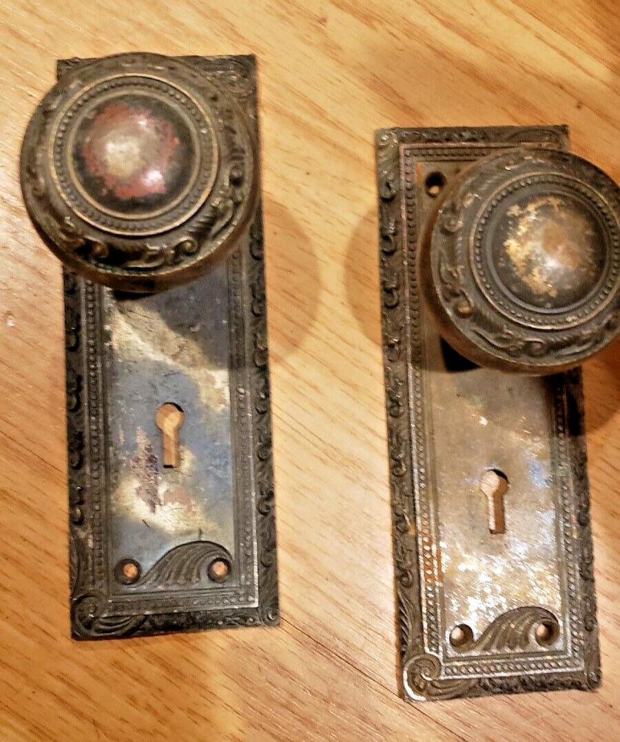 Rare set of 2 matching brass hardware doorknob sets Back Plates antique (1 of 1)