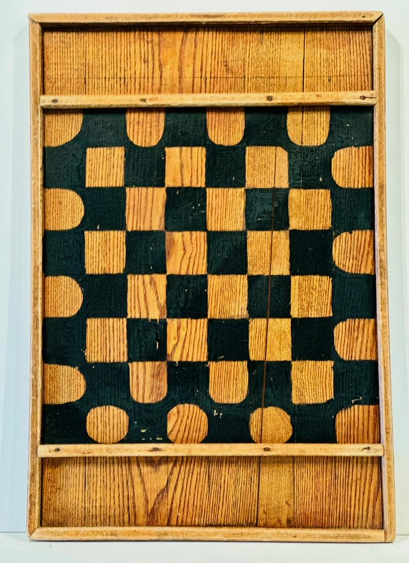 c 1890 primitive New England Checkerboard.: Title: c 1890 primitive New England Checkerboard. Dimension: 24 in x 16 in Date/Period: c 1890 Additional Info:Superb patina & oxidation. Outer band of squares morph with oval sides into a graphic bor
