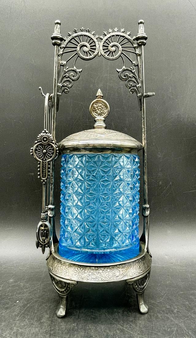 VICTORIAN SILVER-PLATE FRAME WITH BLUE CUT GLASS PICKLE CASTOR (1 of 8)