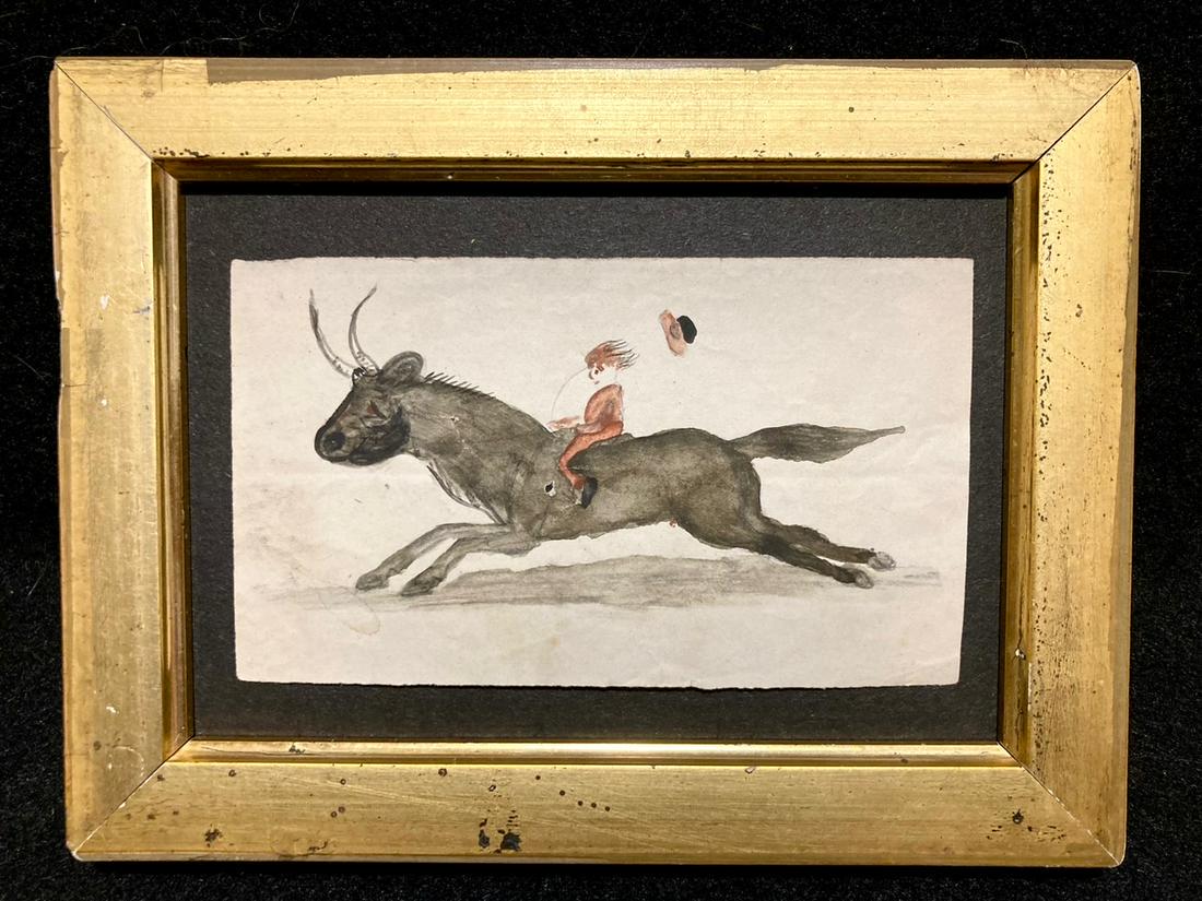 C1860 folk art original watercolor of bull horse and rider (1 of 2)