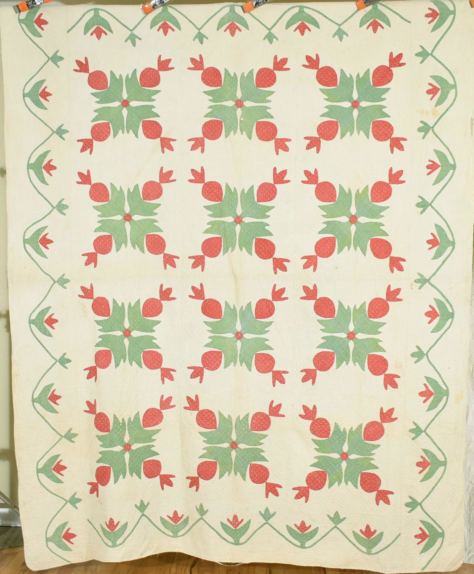 1850's Red & Green Applique Quilt, Vine Border (1 of 10)