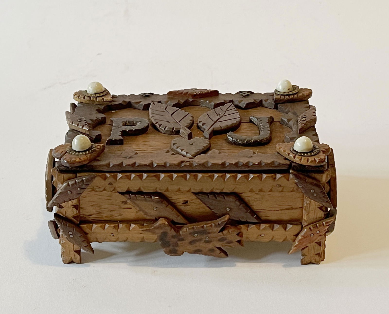 Tramp Art Box w Bird, Leaves & Hearts (1 of 4)