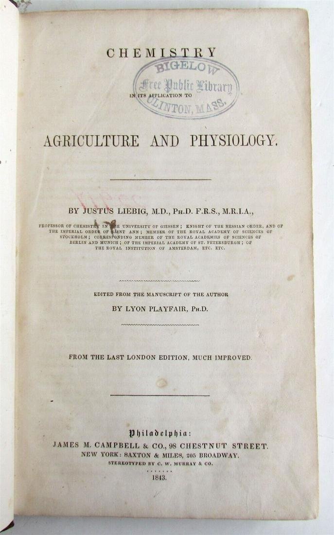 1843 CHEMISTRY in its application to AGRICULTURE & PHYSIOLOGY antique (1 of 1)