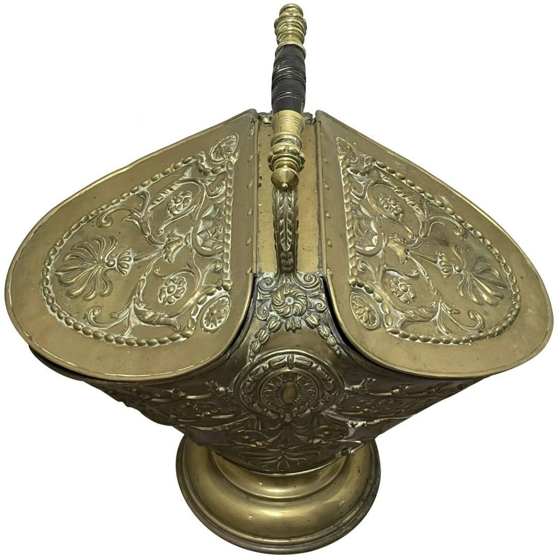 Rare Antique Victorian Brass Curved Coal Scuttle Helmet Dual Lid (1 of 1)