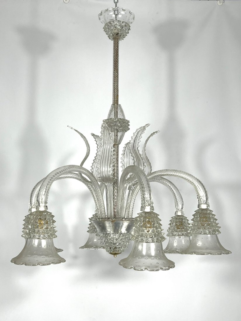 Mid-century six arms Murano Bullicante Rostrato chandelier by Ercole Barovier: Great vintage condition with normal trace of age and use for this six arms chandelier produced by Ercole Barovier during the 30s and made from bullicante rostrato murano glass. No chips or cracks. Ful