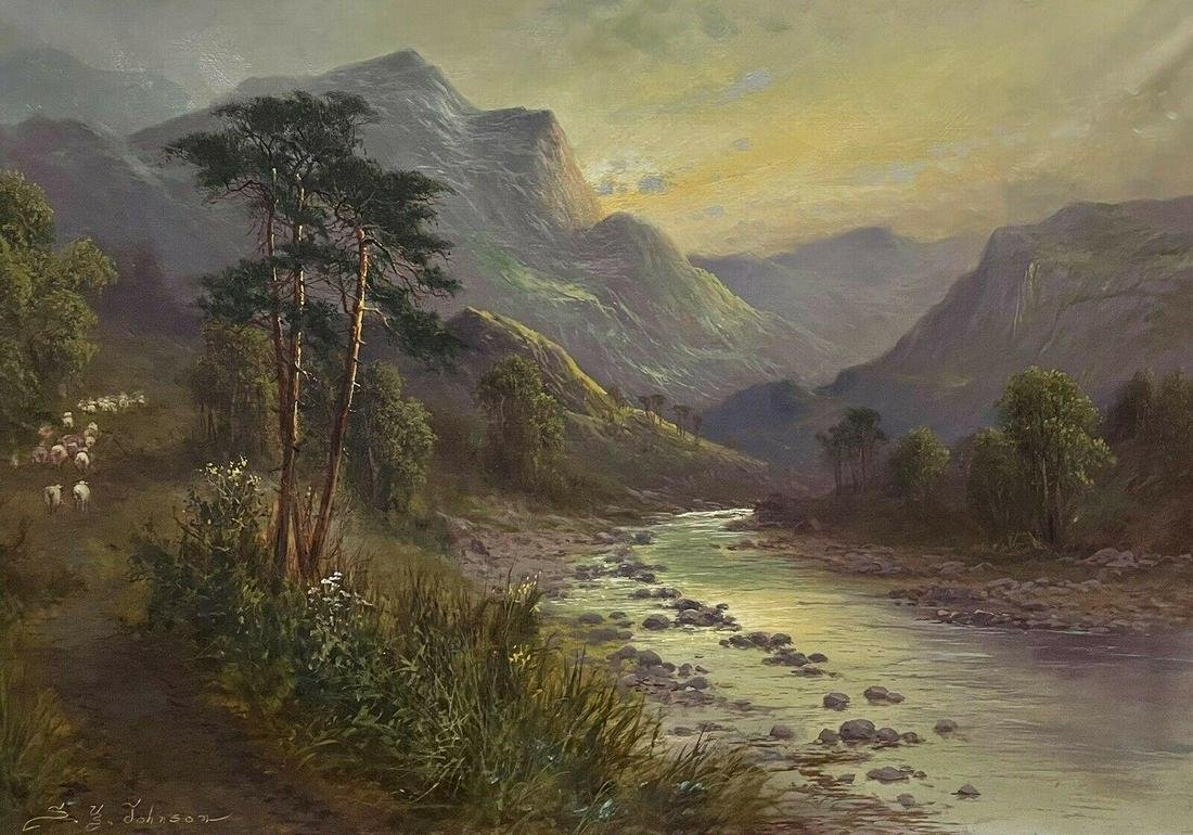 Large Antique Scottish Highland Landscape Oil Painting Sheep in River Valley c. 1900 (1 of 1)