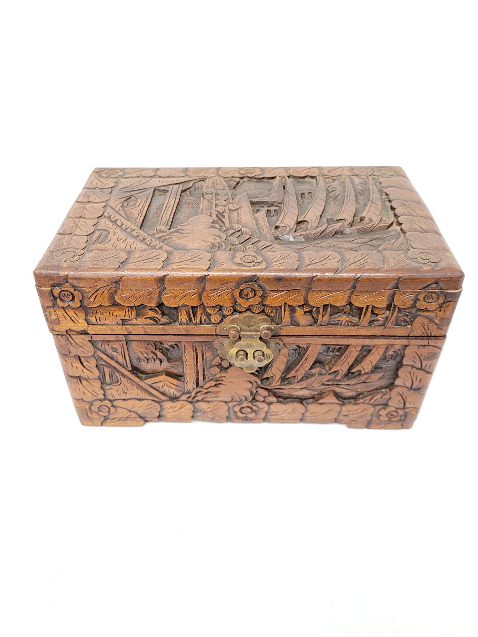 Vintage Jewelry Box Hand Carved Oak Treasure Chest Mini Trunk Stash Hope Storage Camphor Box (1 of 10)