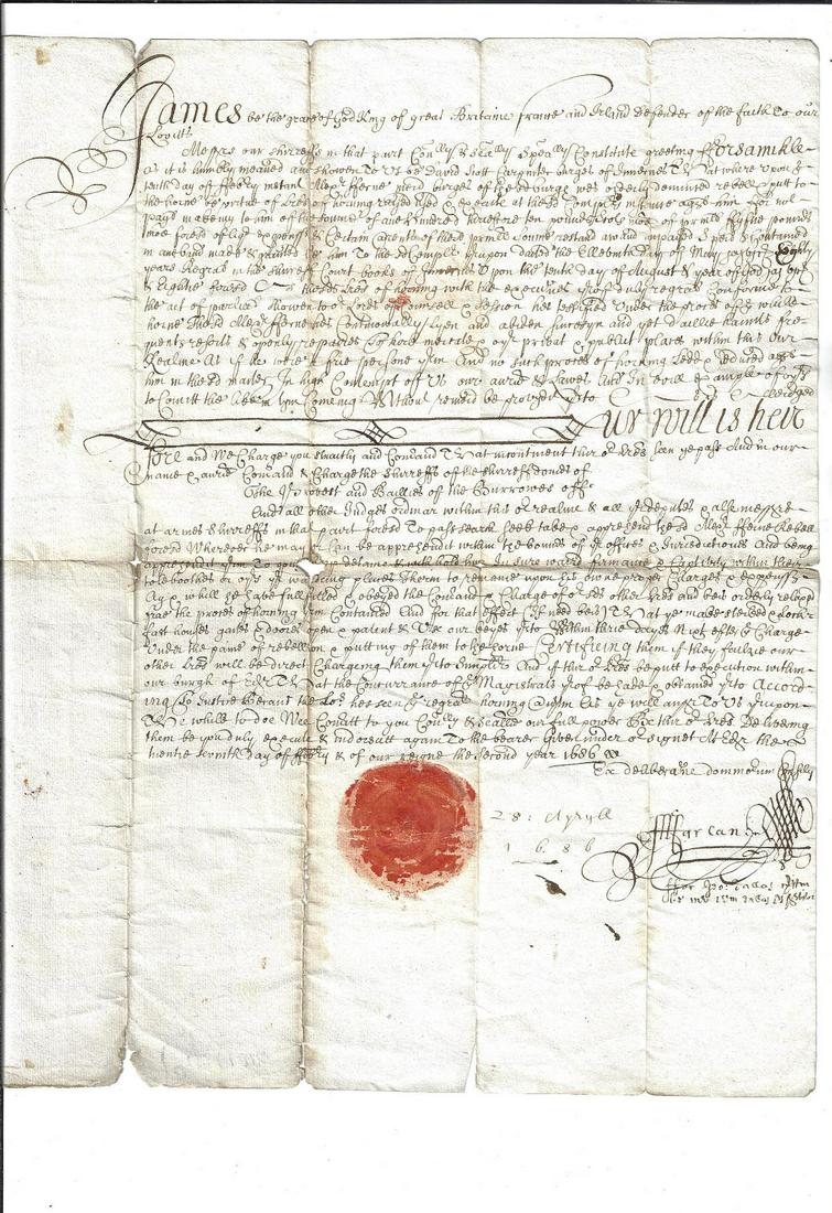 1686 Scottish Manuscript Judgement: Large manuscript judgement dated 1686 during the reign of James II pertaining to a David Scott and signed at Ayryll with notarial signature. Very Good, lacks seal and a few breaks at folds, In English