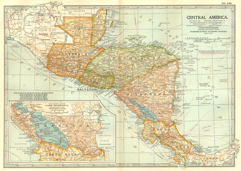 CENTRAL AMERICA. Costa Rica, Guatemala, Honduras, Nicaragua, Belize 1903 map: Central America: Costa Rica, Guatemala, Honduras, Nicaragua, Salvador; Inset map of Lake Nicaragua and Nicaragua Canal' by Britannica, Encyclopaedia (1903). Colour antique lithographic map, 28.0 x 39.