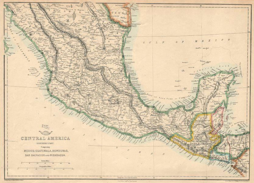 NORTHERN CENTRAL AMERICA. Mexico Belize Guatemala Honduras. ETTLING 1863 map: Central America (Northern Part) Comprising Mexico, Guatemala, Honduras, San Salvador and Nicaragua' by Drawn & Engraved by T. Ettling (1863). Antique map with original outline colour, 31.5 x 44.0cm, 1