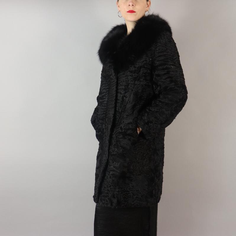 PERSIAN BROADTAIL COAT , BLACK FOX FUR COLLAR EU: L; US: 16 (1 of 10)