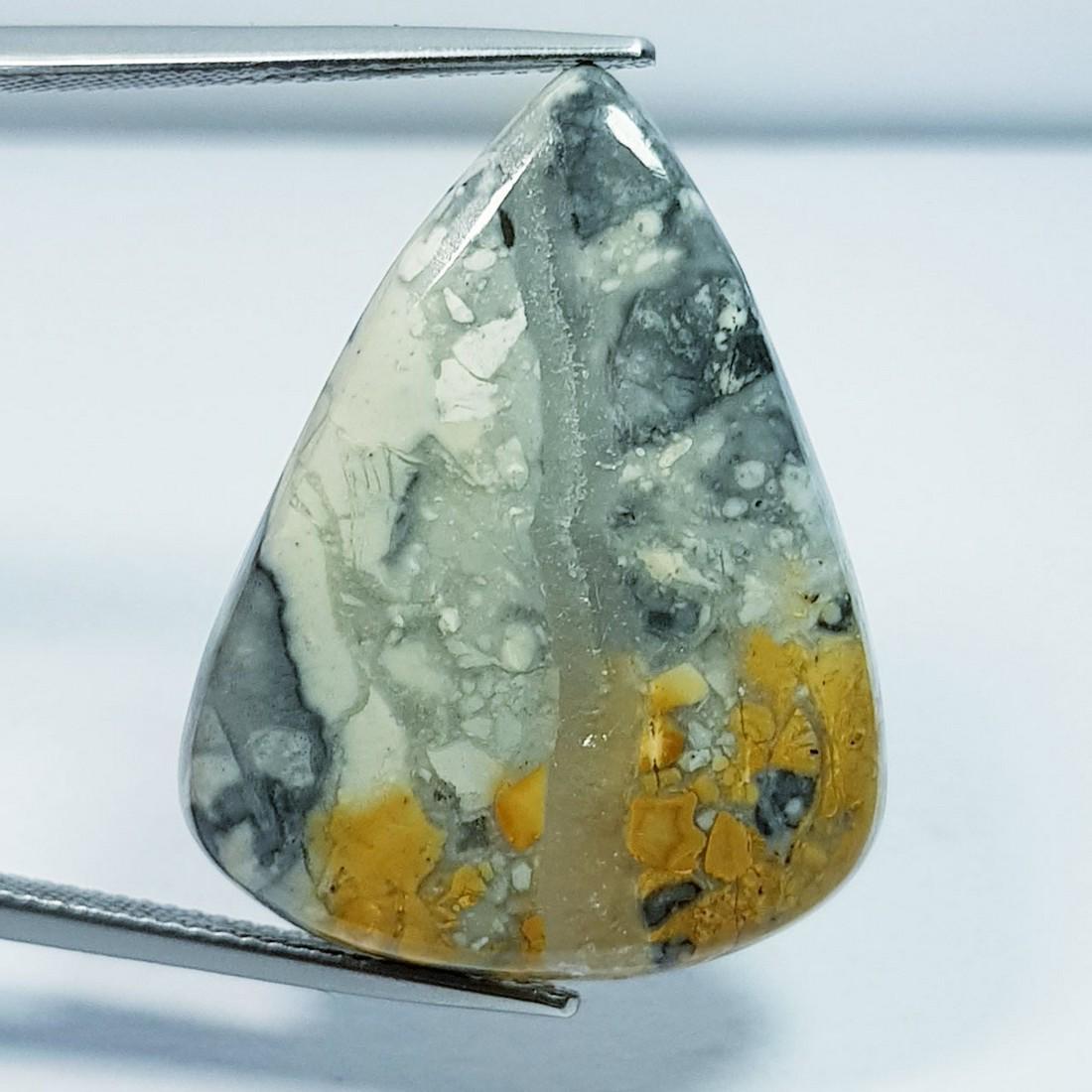 27.85 ctz Natural Bumble Bee Jasper: No Reserve! Title: 27.85 ctz Natural Bumble Bee Jasper Color/Clarity: Yellow / Opaque Gemstone: Jasper Carat Weights: 27.85 Size: 29.20 x 22.90 x 4.80 Additional Information: Pear / Indonesia Shipping