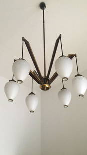 Italian Vintage Brass and Opaline Glass Chandelier from Arredoluce Monza, 1950s: This brass, wood and opaline glass chandelier was produced by Arredoluce in Italy during the 1950s. Original vintage condition. Materials: brass, teak and opaline glass Dimensions: diameter: 70 cm hei