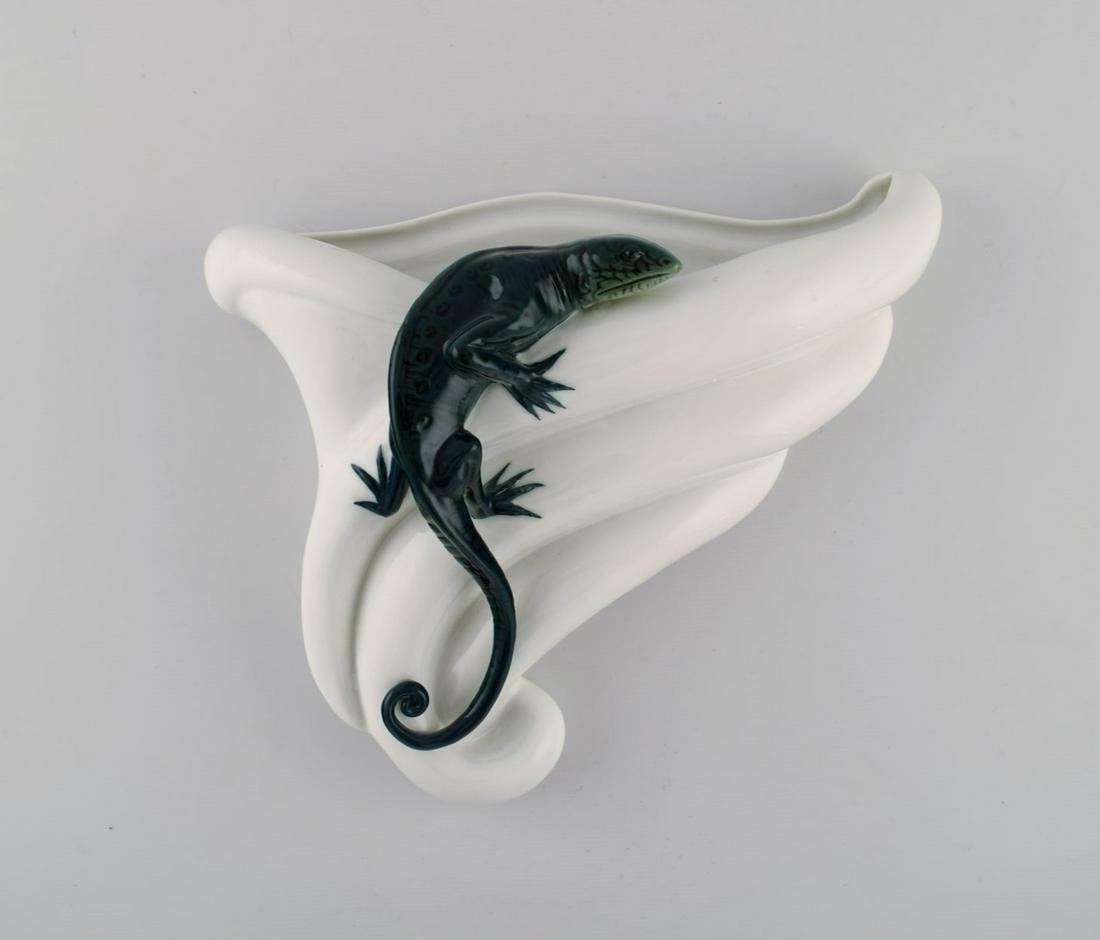 Karl Ens, Germany. Antique art nouveau flower pot for wall hanging modeled with lizard. Dated (1 of 6)
