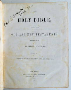 1847 BIBLE in ENGLISH antique AMERICANA: The Holy Bible… NY, American Bible Society, 1847 Size 9 3/4 by 12" 1042 pp Period sheep intact, some water-stains at rear section overall Good condition Text in English Reserve: $151.00 