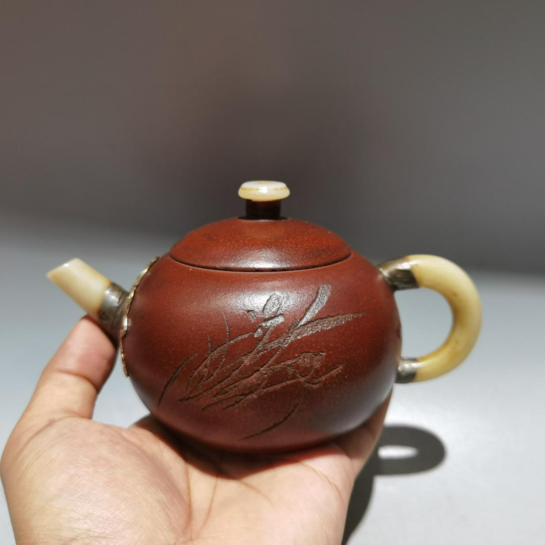 Chinese Yixing Zisha Clay Inlay Jade Teapot w Artist Signed (1 of 9)
