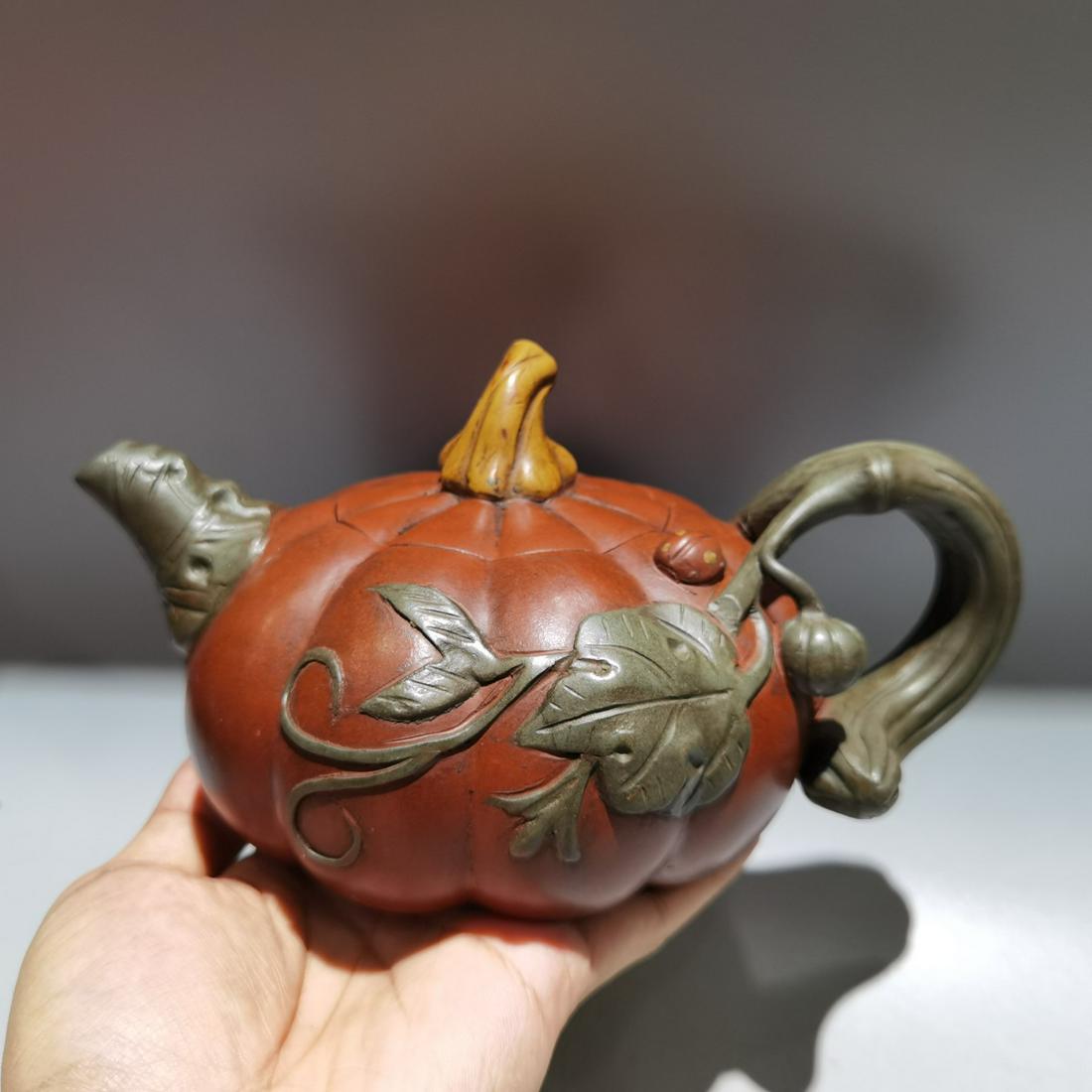 Chinese Yixing Zisha Clay Pumpkin Shape Teapot w Artist Signed (1 of 9)