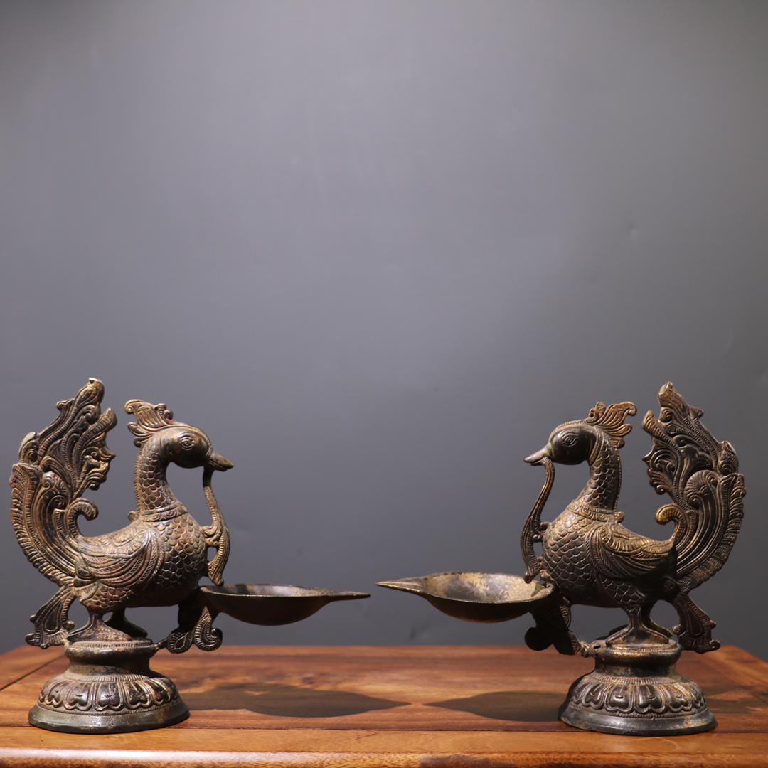 A Pair Chinese Bronze Phoenix Oil Lamp Statue Auction