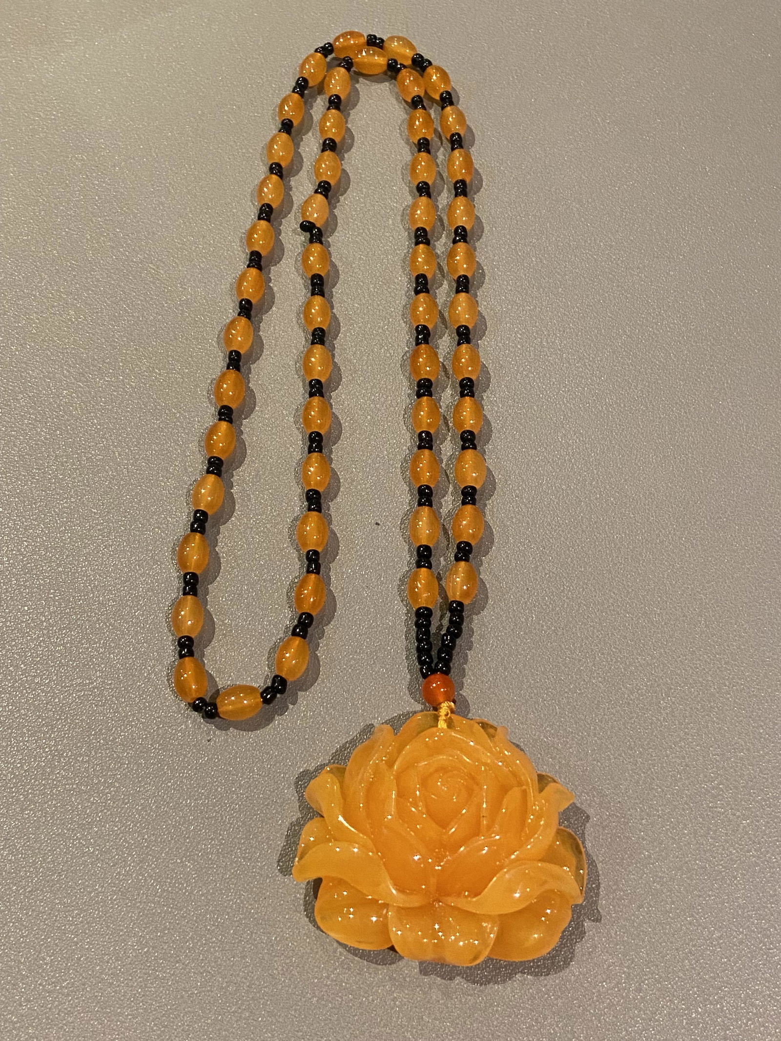 Amber Bakelite Hand Carved Large Flower Pendant with Beaded Chain (1 of 8)