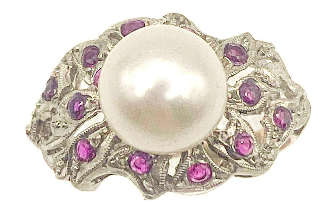 Vintage Art Deco Ruby & Pearl ring in 18ct gold and platinum, Spain (1 of 7)