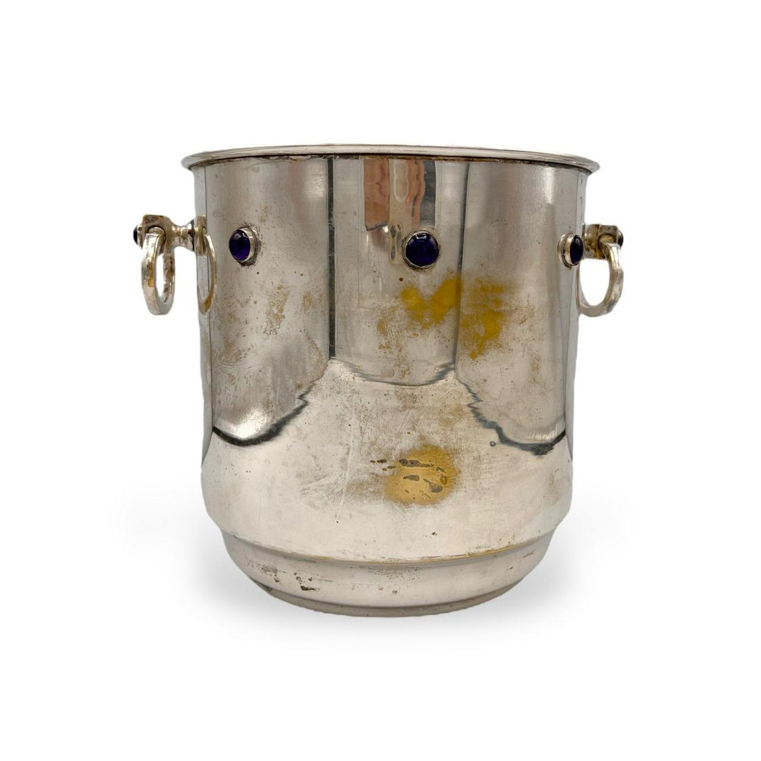 Silver Plated Ice / Quick-Chill Bucket w/ Pair of Swinging Handles & Inlaid Blue Cabochon Stones (1 of 4)
