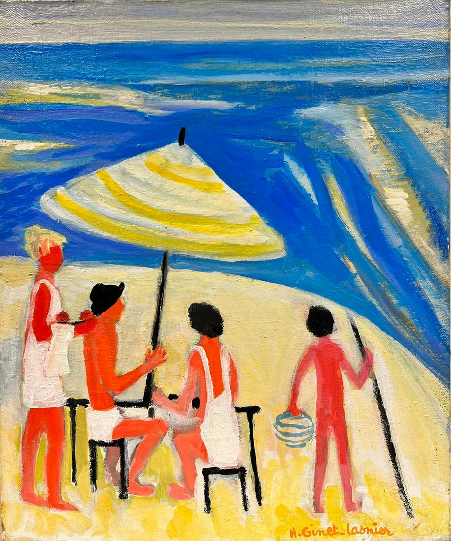 Contemporary French Modernist Oil Sun Kissed Figures Sandy Beach Blue Sea c. 2000's (1 of 6)