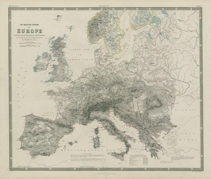 The Mountain Systems of Europe. JOHNSTON 1856 old antique map plan chart (1 of 2)